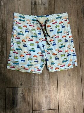 Surf Society Swimwear Light Blue Car-Print Elastic Waist swim trunks Shorts